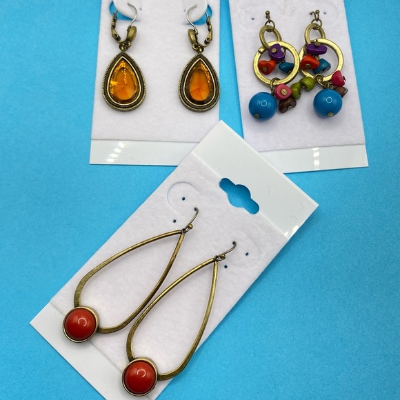 Orange & Blue Long Earrings Antique Gold Tone Pierced Bundle of Three Pairs - Picture 5 of 5